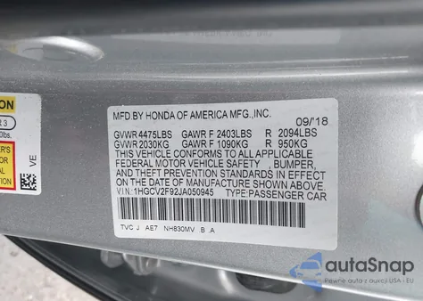 2018 Honda Accord Touring 2.0T из США, поврежденный, VIN 1HGCV2F92JA050945